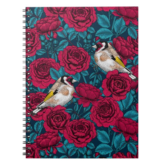 Carnet Fleurs de roses rouges et oiseaux d'or (Devant)