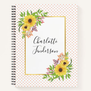 Carnet Fleurs de soleil aquarelle, corail et pois blancs