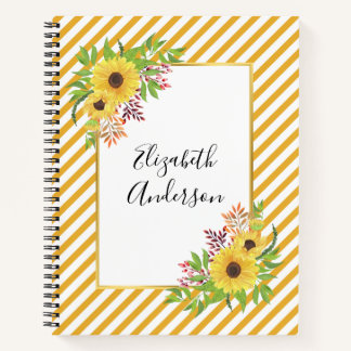 Carnet Fleurs de soleil aquarelle, rayures jaunes et blan
