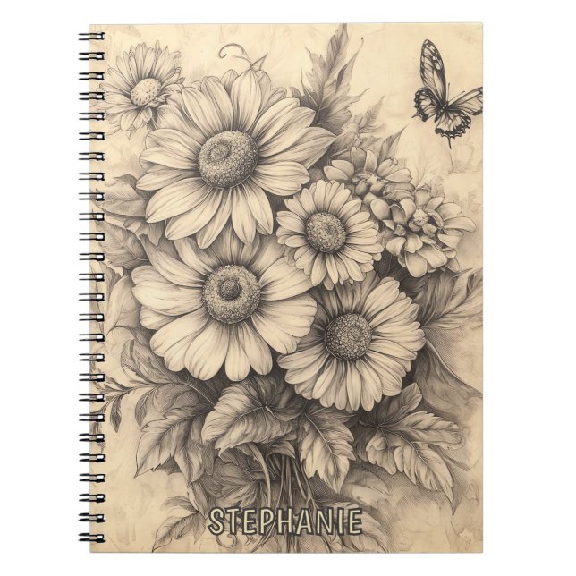 Carnet Fleurs de soleil et papillon - Papier vieilli rust (Devant)