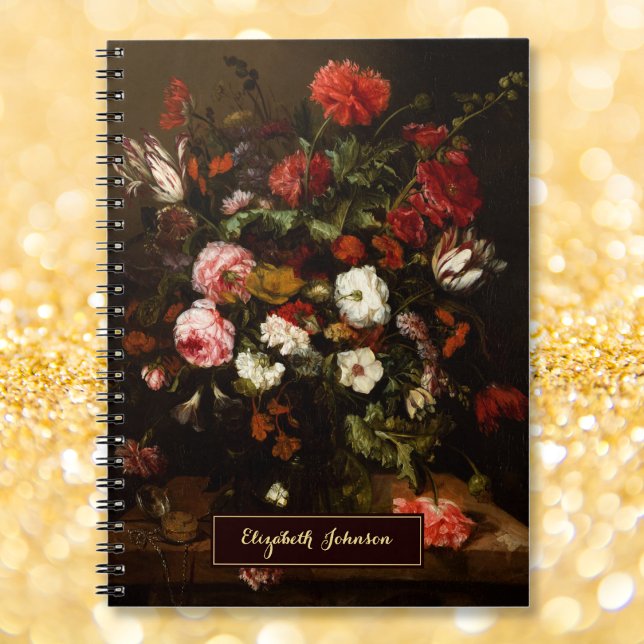 Carnet Fleurs de style ancien, nom personnalisé, monogram (Vintage Floral Art Custom Name Gold Monogrammed Notebook)
