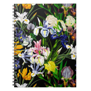 Carnet Fleurs d'Iris victoriennes colorées sur Motif noir