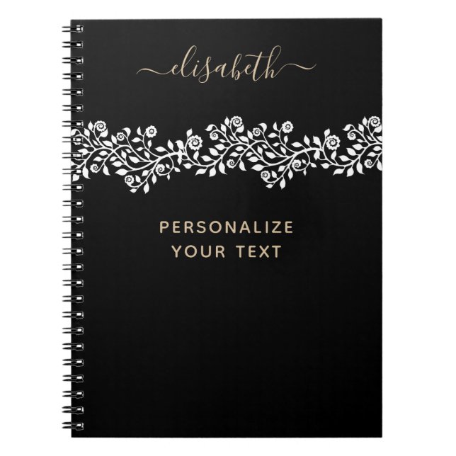 Carnet Fleurs d'or de luxe Elégant Chic Classy Noir (Devant)