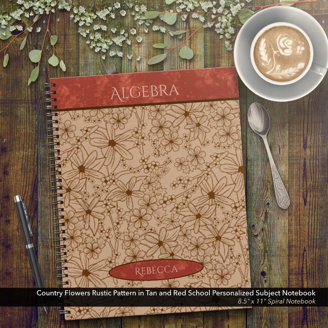 Carnet Fleurs du pays Tan Red School Nom du sujet (Country Flowers Tan & Red Spiral Notebook: Personalize Your Name & Customize the School Subject )