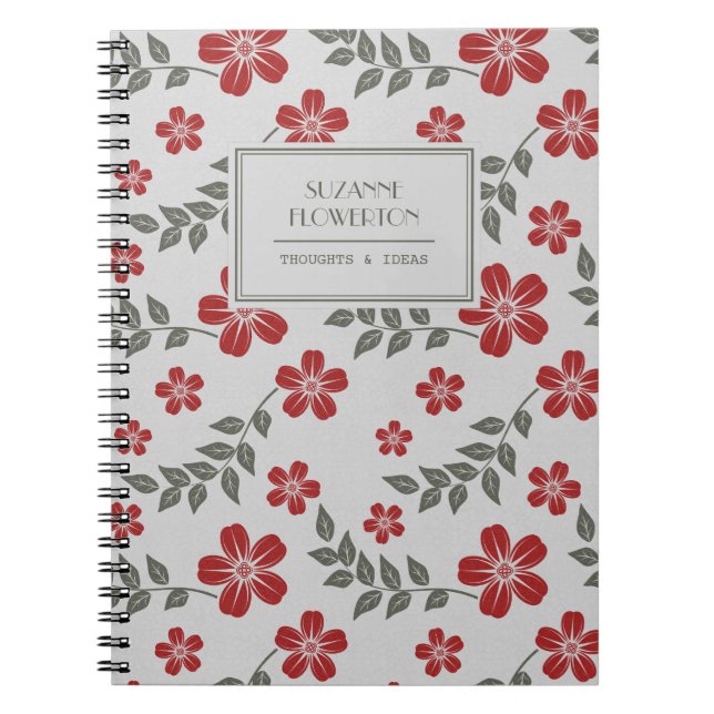 Carnet Fleurs élégantes et feuille gris rouges (Devant)