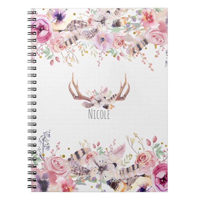 Carnet Fleurs et bois de cerf rustique personnalisé (Devant)