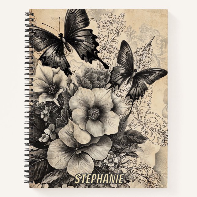 Carnet Fleurs et papillons rustiques - Papier vieilli (10 (Devant)