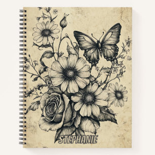 Carnet Fleurs et papillons rustiques - Papier vieilli (6)