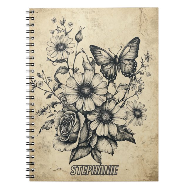 Carnet Fleurs et papillons rustiques - Papier vieilli (6) (Devant)