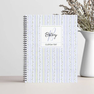 Carnet Fleurs et rayures bleu pastel Coquette Monogramme 