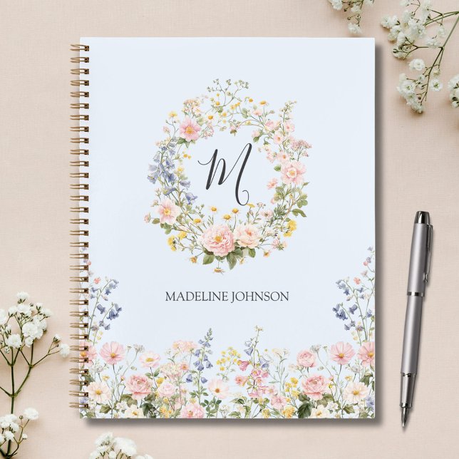 Carnet Fleurs Florales Aquarelle Rose Bleu Monogramme  (In situ)