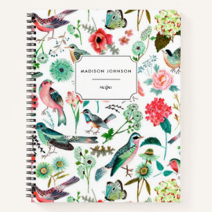 Carnet Fleurs florales rose botanique Oiseaux Motif