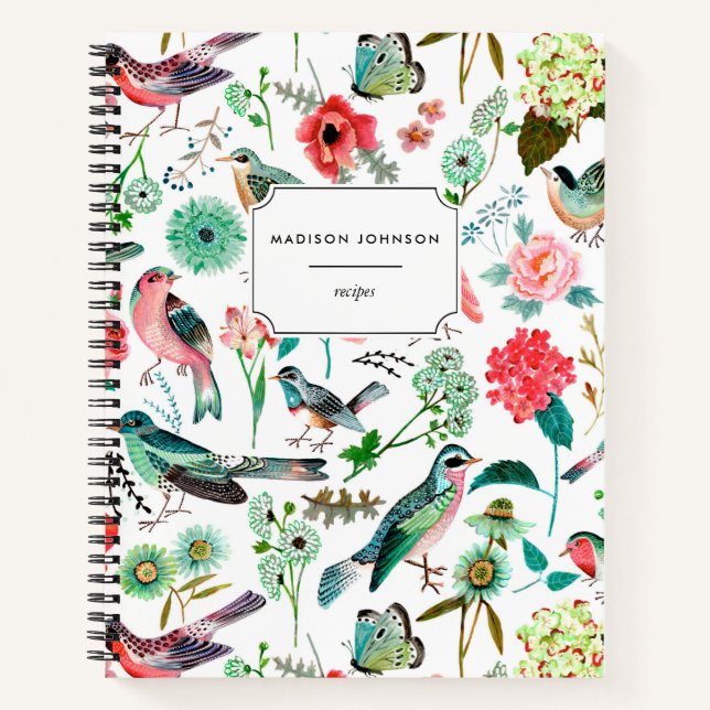 Carnet Fleurs florales rose botanique Oiseaux Motif (Devant)