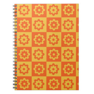 Carnet Fleurs Hippie Rétro sur Damier Jaune Orange