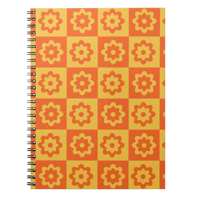 Carnet Fleurs hippies rétro sur damier jaune orange (Devant)