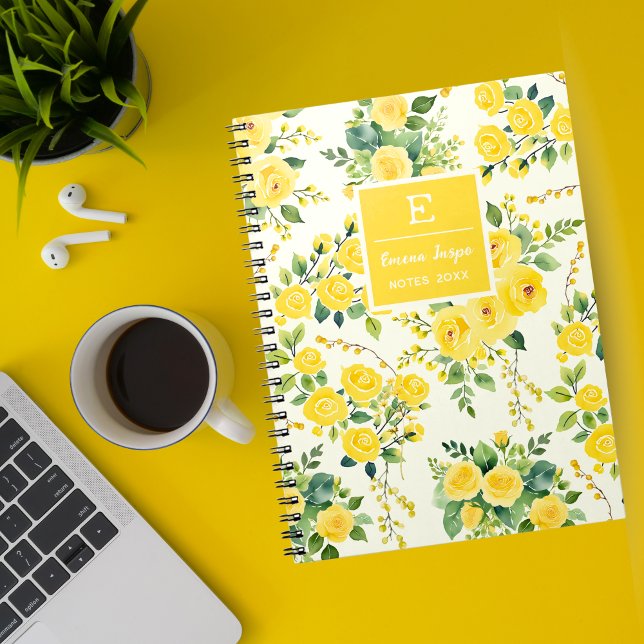 Carnet Fleurs Jaunes Monogrammes, Floral Esthétique (Créateur téléchargé)
