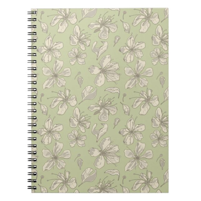 Carnet Fleurs jetées sur vert olive - motif sans soudure. (Devant)