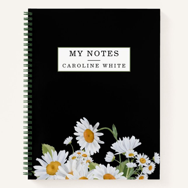Carnet Fleurs marguerites Arrière - plan noir Personnalis (Devant)