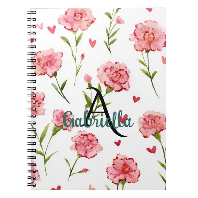 Carnet Fleurs Monogramme Noms Cœurs Rouges (Devant)