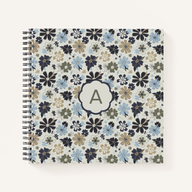 Carnet Fleurs Monogrammes Bleu Tan Olive Motif Floral (Devant)