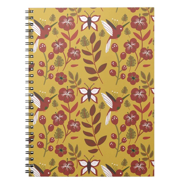 Carnet Fleurs motifs florales sans soudure, papillon, rou (Devant)