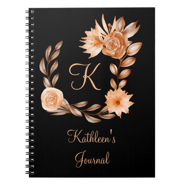 Carnet Fleurs noir marron et pêche avec monogramme  (Devant)