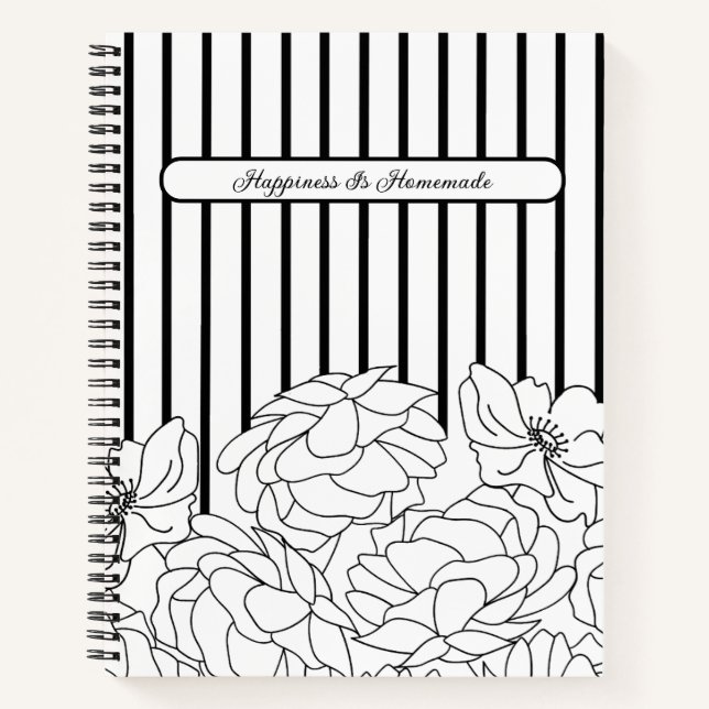 Carnet Fleurs noires et blanches avec des rayures (Devant)