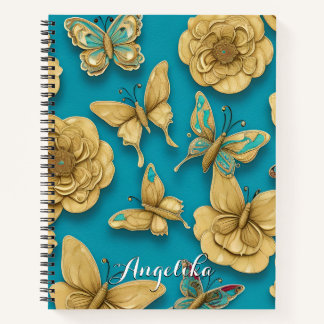 Carnet Fleurs Papillons Paillettes Dorées Sarcelle Nom Pe