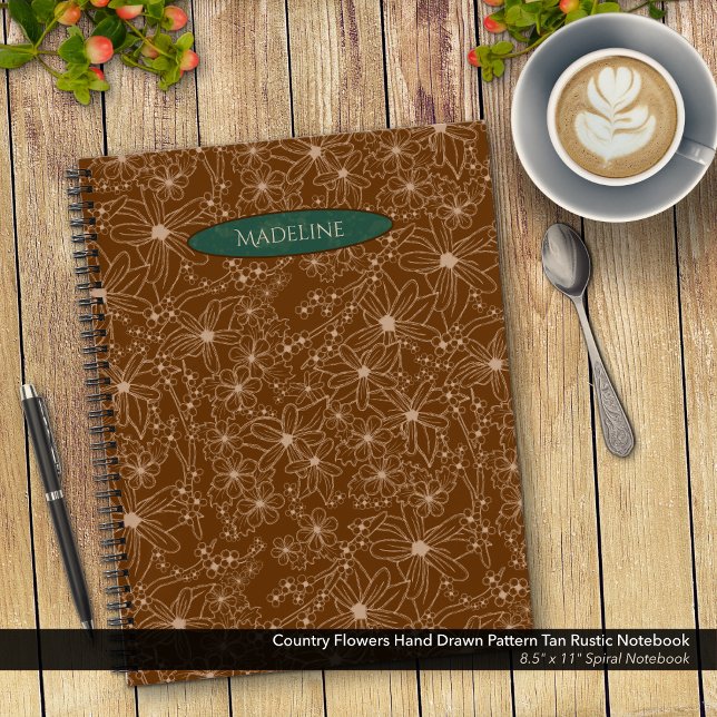 Carnet Fleurs Pays Main Tirée Motif Rustique Brown (Country Flowers Hand Drawn Pattern Brown Rustic Notebook: 8.5"x11" Spiral Notebook with Green Name)