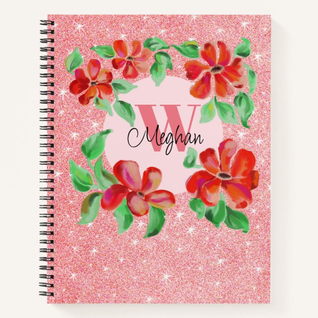 Carnet Fleurs peintes à la main Glitterie rose (Devant)