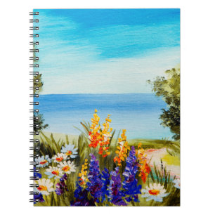Carnet fleurs peintes à l'huile près de la mer, champ de