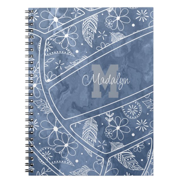 Carnet fleurs plumes cachemire motif bleu volleyball (Devant)