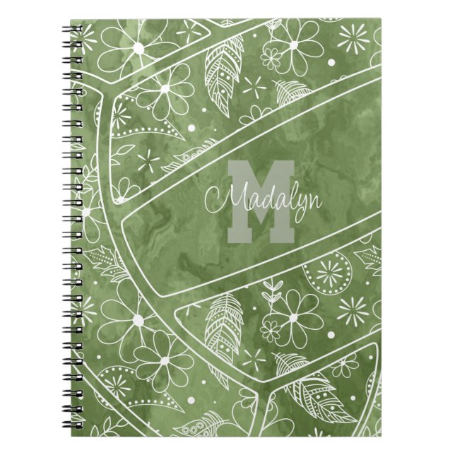 Carnet fleurs plumes paislies volleyball vert (Devant)