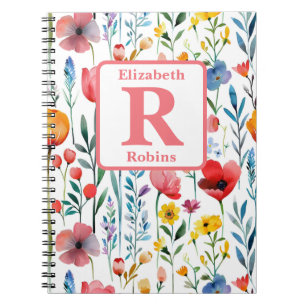 Carnet Fleurs printanières colorées monogramme personnali