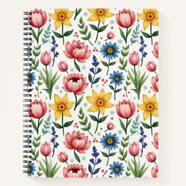 Carnet Fleurs printanières en bleu rose et jaune (Devant)