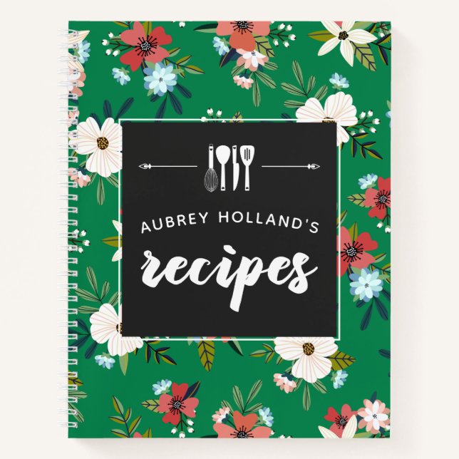Carnet Fleurs rétro Coral vert Recettes de motifs floraux (Devant)