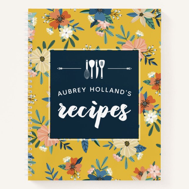 Carnet Fleurs rétro Recettes de motifs floraux bleu jaune (Devant)