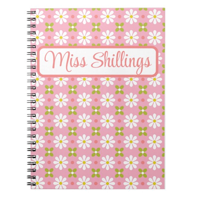 Carnet Fleurs rétro rose et vert personnalisé  (Devant)