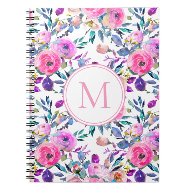 Carnet Fleurs rose violet monogramme personnalisé (Devant)