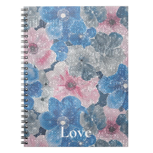 Carnet Fleurs roses bleues scintillent (Devant)