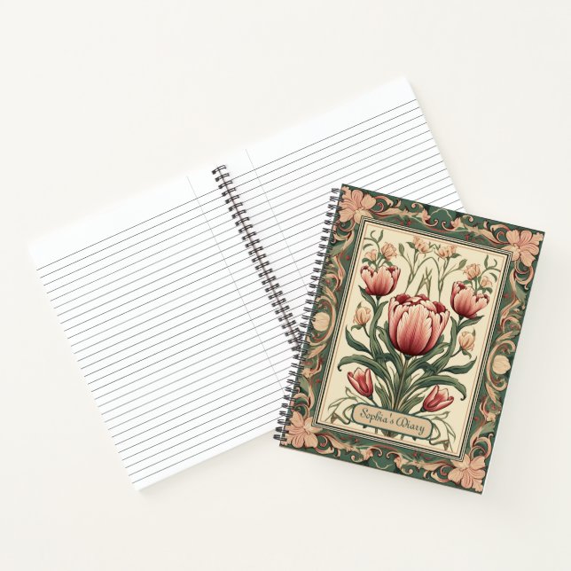 Carnet Fleurs roses et cadre ornement vert (Intérieur)