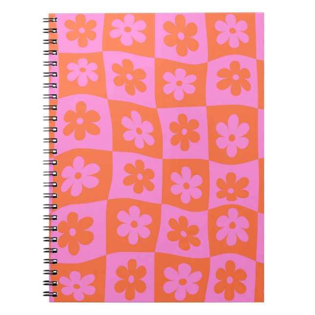 Carnet Fleurs Roses et Orange Rétro Déformées à Carreaux (Devant)