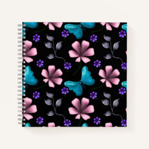 Carnet Fleurs roses et papillon bleu fantaisistes sans co
