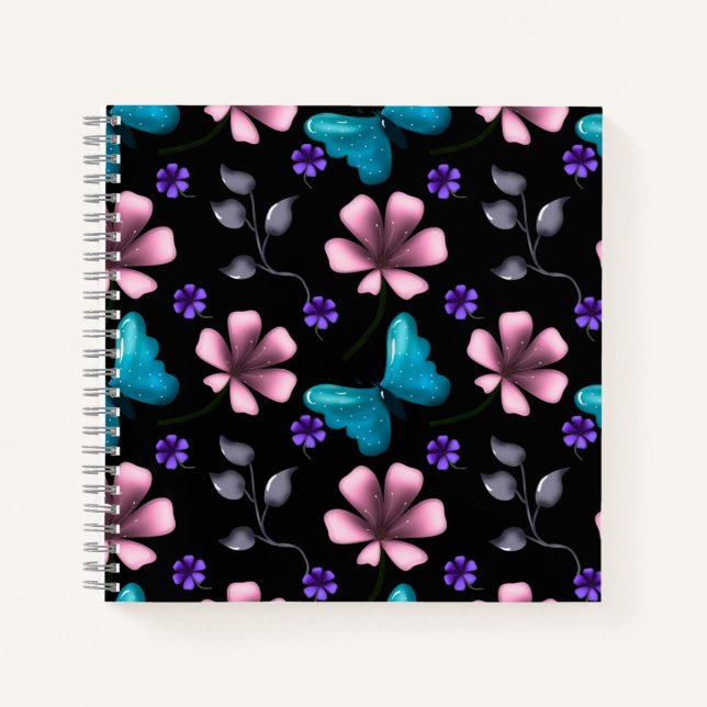 Carnet Fleurs roses et papillon bleu fantaisistes sans co (Devant)