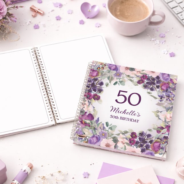 Carnet Fleurs roses et violet pour 50 ans sur mesure (Purple and pink watercolor floral 50th birthday party notebook)