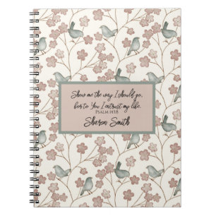 Carnet Fleurs roses mignonnes et oiseaux verts illustrés