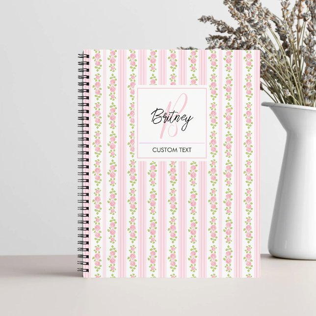 Carnet Fleurs roses pastel et monogramme coquette à rayur (Créateur téléchargé)