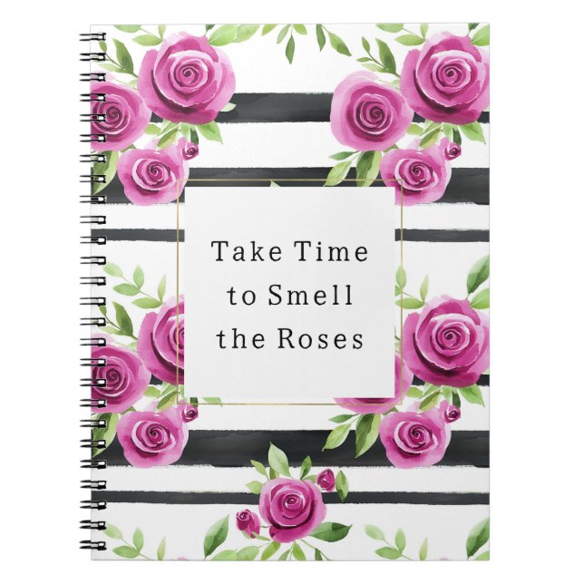 Carnet Fleurs roses rayures noires Prenez le temps de sen (Devant)