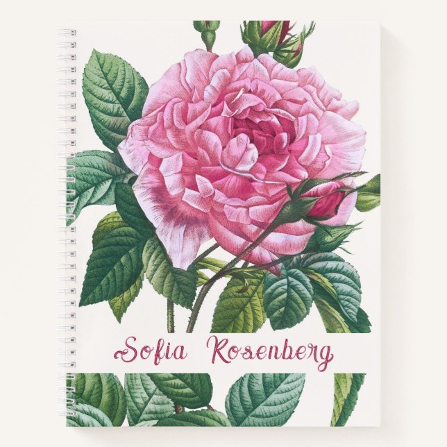 Carnet Fleurs roses roses avec Monogramme Feuille vert (Devant)