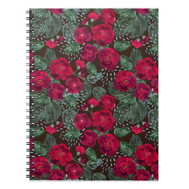 Carnet Fleurs rouges, aquarelle motifs floraux. (Devant)
